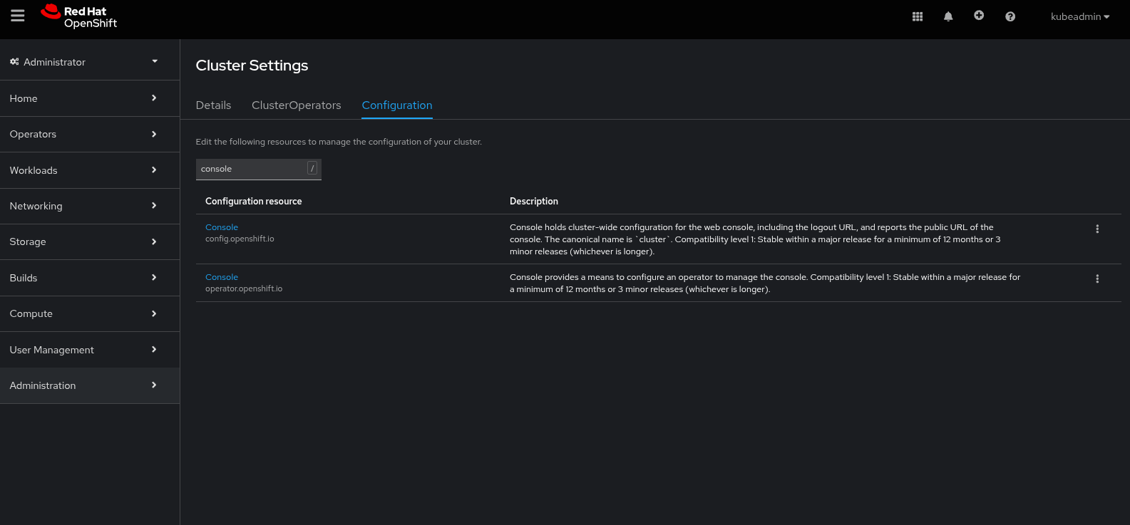 openshift administration settings with filtered search to console